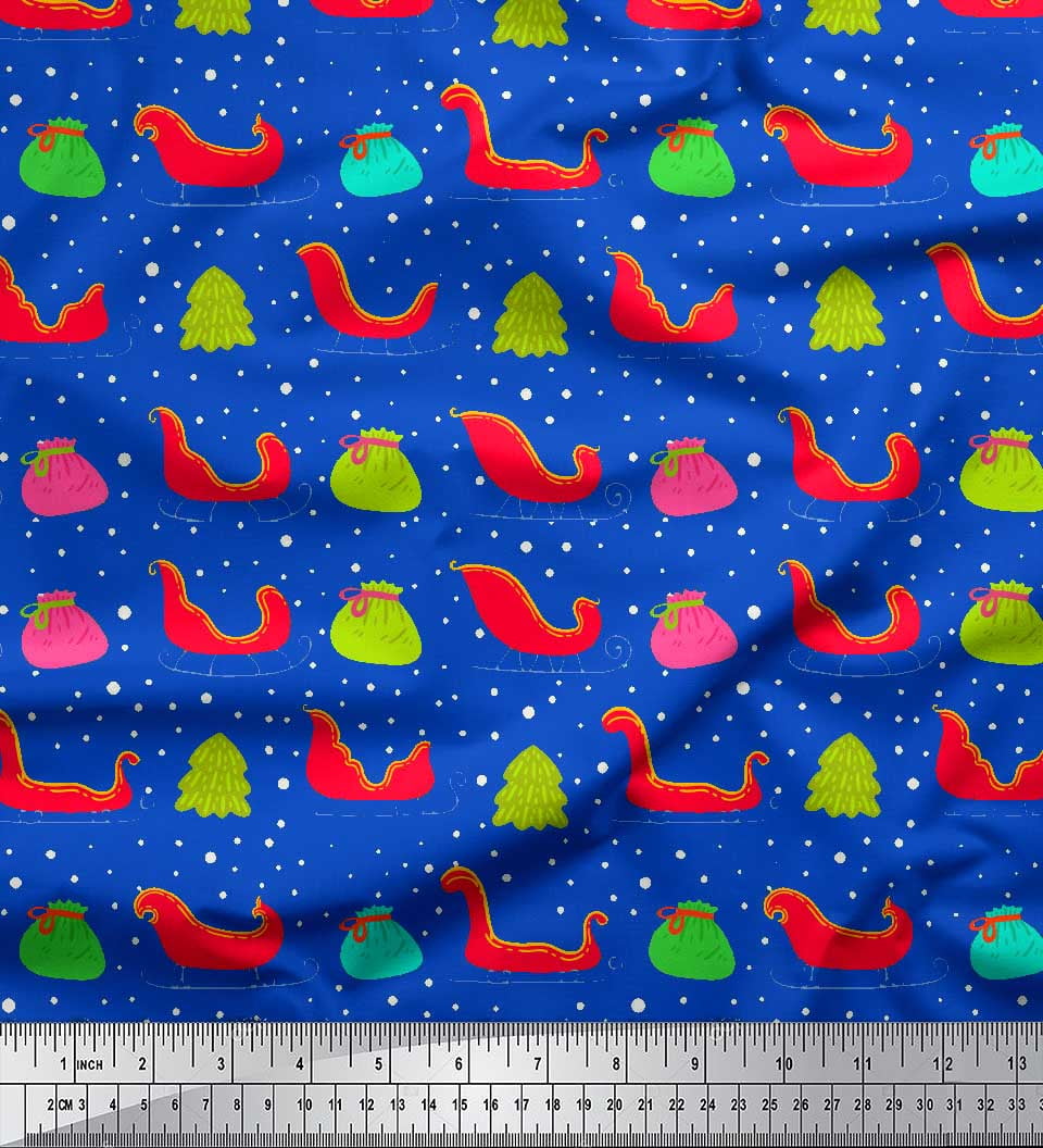 Soimoi Blue Rayon Fabric Santa Bag,Tree & Sleigh Christmas Printed Craft Fabric by the Yard 42 Inch Wide