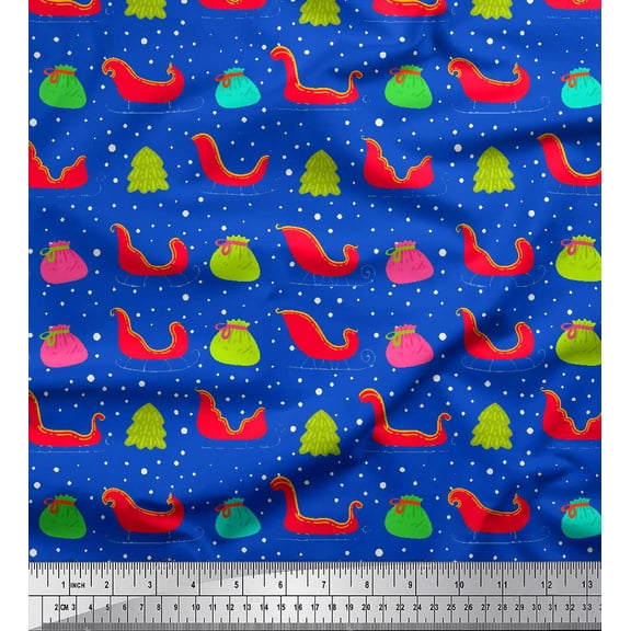 Soimoi Blue Cotton Voile Fabric Santa Bag,Tree & Sleigh Christmas Print Fabric by Yard 42 Inch Wide