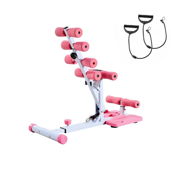 KFFKFF Adjustable Deep Squat Machine with Resistance Bands, Foldable Core and Leg Exercise Trainer for Home Workouts, Push-Up and Glutes Training Equipment, Pink and White