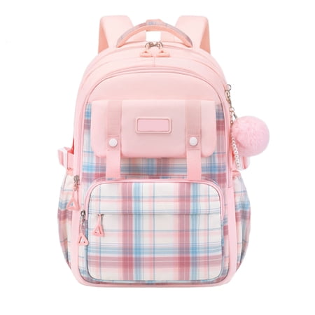 Plaid Pattern Kawaii Backpack Decorative Chain Pendant Spine Support Waterproof Large Capacity Back To School Casual Bookbag