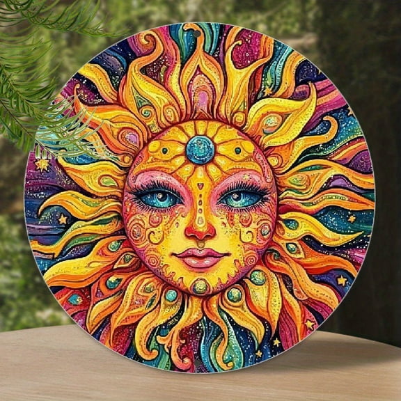 Sun Face Round Aluminum Sign - Vibrant Psychedelic Celestial Hippie Wall Decor, 1pc, 8" Wall Art Metal Sign, For Porch, Gardene, Cafe, Bedroom, Room, Home, Bathroom Decor, Ideal Gift, 2D Flat