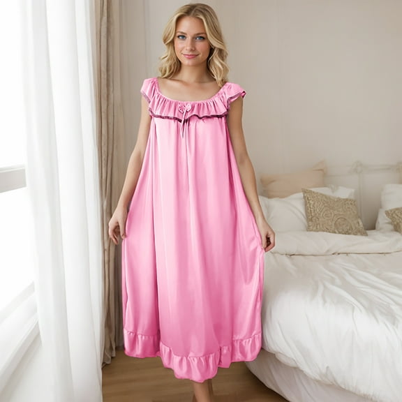 Wancir Women's Summer Sleeveless Ice Silk Nightgown Lace Trim & Mid-Calf Length