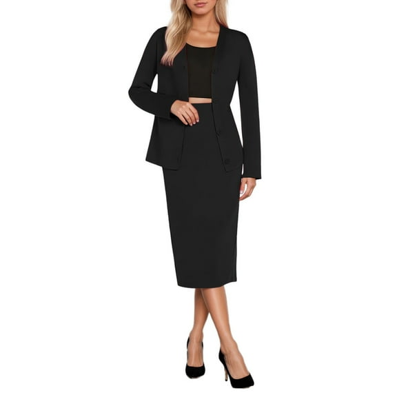 Women's 2 Piece Midi Skirt Sets Business Casual Outfits Long Sleeve Cardigan Matching Dressy Suits Black L