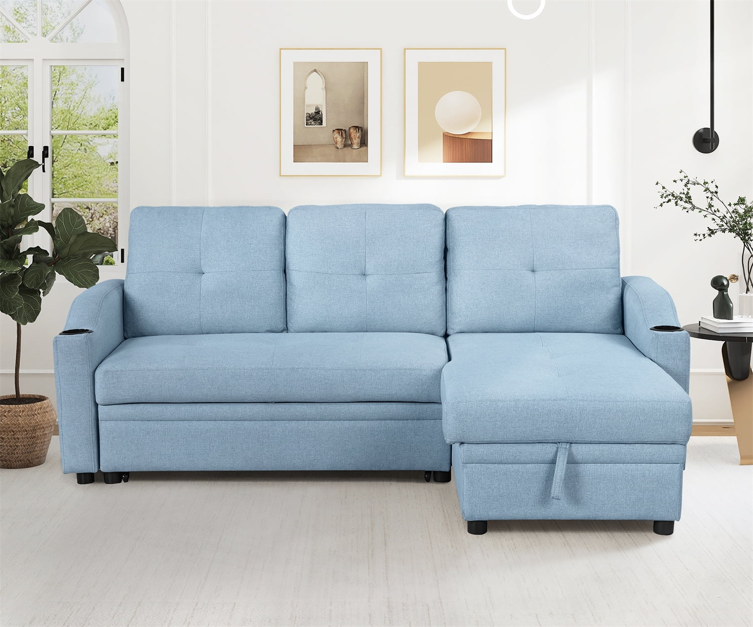 Sleeper Sofa with Pull Out Bed, Modern Linen Fabric Upholstered Sofa