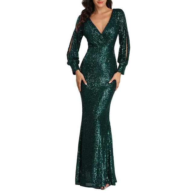 Prolriy Robes d'Invité de Mariage pour Femmes Robes de Soirée Sirène Brodées Sans Manches Col en V Robe de Demoiselle d'Honneur Longue Robe Longueur au Sol Robes de Fête pour Femmes 2025 Robe Formelle Verte TG