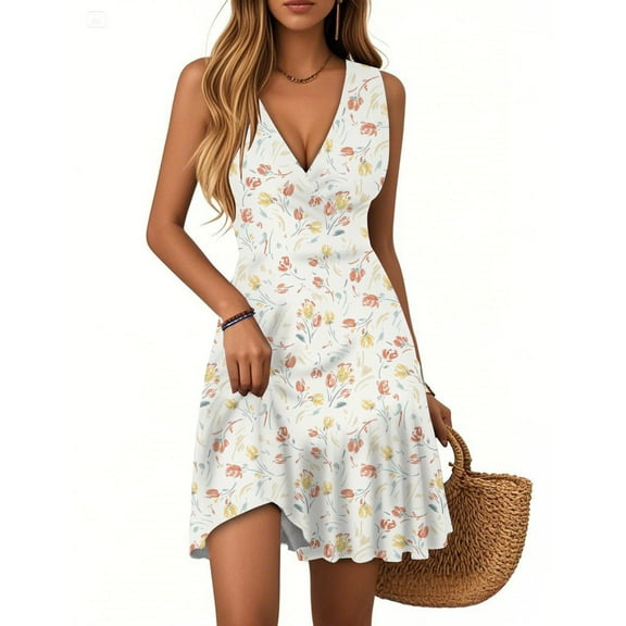 2025 Trendy Women's Summer V-neck Floral Printed Dress Wrap Dress Beach Hawaiian Tropical Sundress Sleeveless Mini Pleat hem Dresses