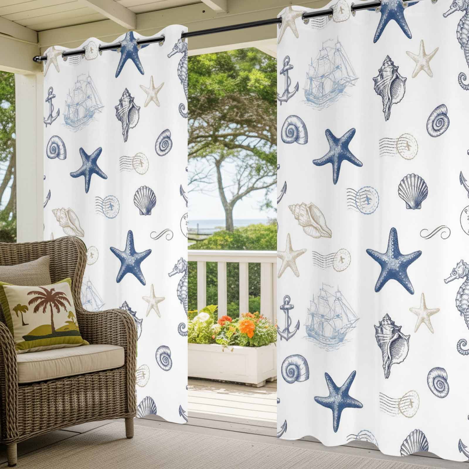 Summer Blue Starfish Outdoor Curtains for Patio, Seahorse Shell Conch Nautical Ship Anchor Sunshade Privacy Drapes Grommet Waterproof Outside Curtains for Porch/Cabana/Balcony 54"x 108", 1 Panel