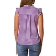 thumbnail image 3 of Blusa de mujer con volantes de cuadros Gingham Inspire Chic, cuello en V, mangas cortas, color morado, 3 of 6