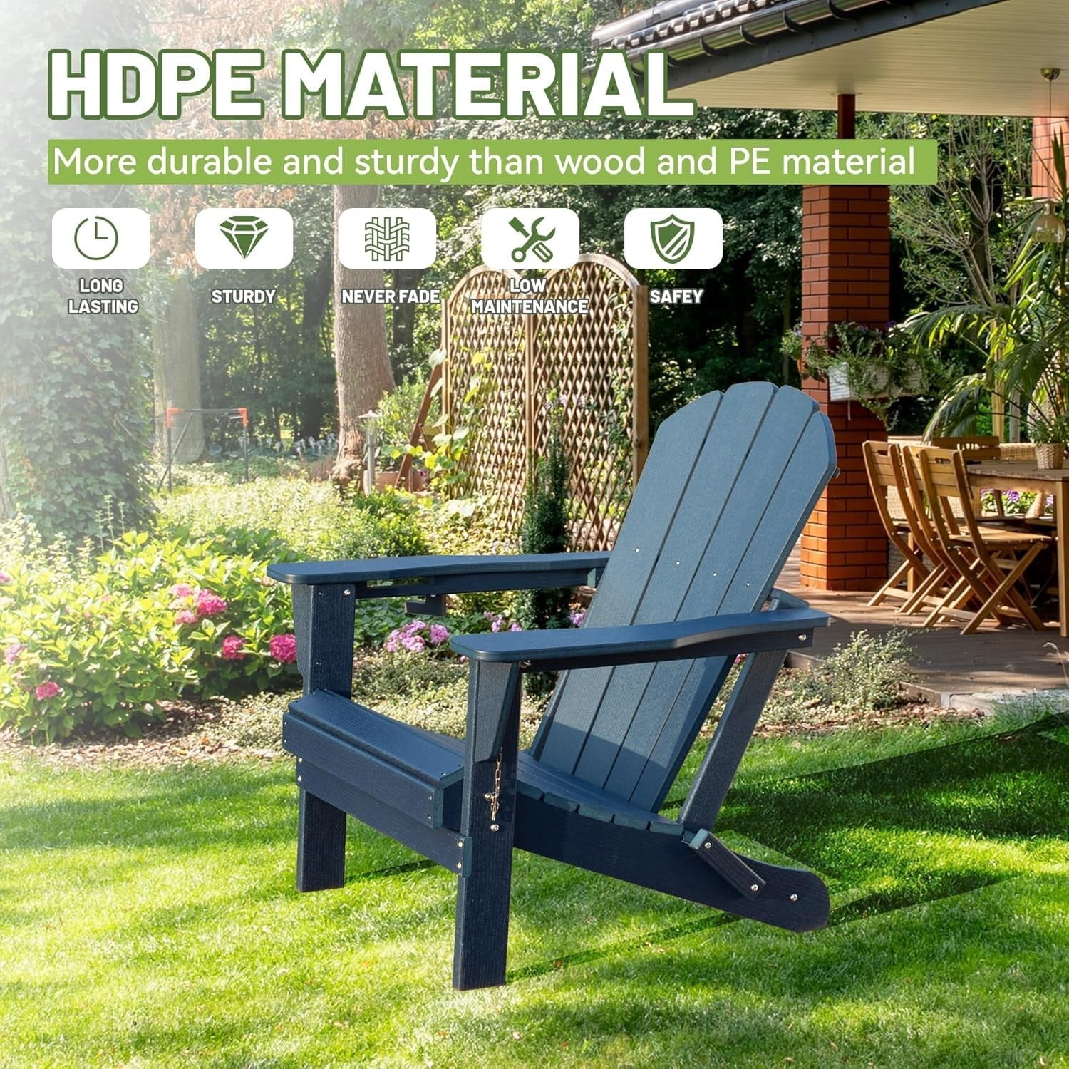 Folding Adirondack Chair, HDPE Outdoor Chair with Cup Holder, Weather Resistant Patio Chair with Wood Grain Finish for Lawn, Deck, Fire Pit, Dark Blue