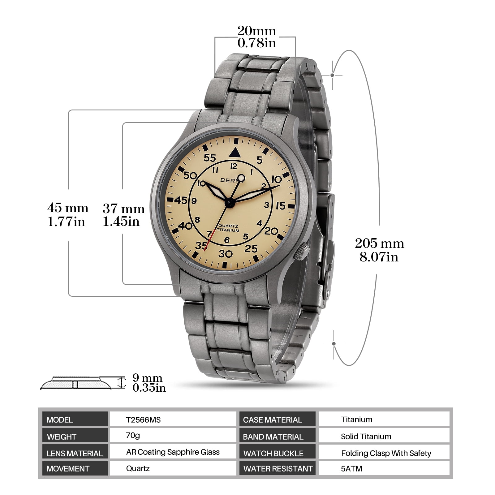 BERNY Titanium Watches for Men, Sport Military Men Watch with Japanese Quartz Movement, Super Luminous, Fashion Men's Field Watch, Casual 5ATM Waterproof Army Wristwatch, Beige