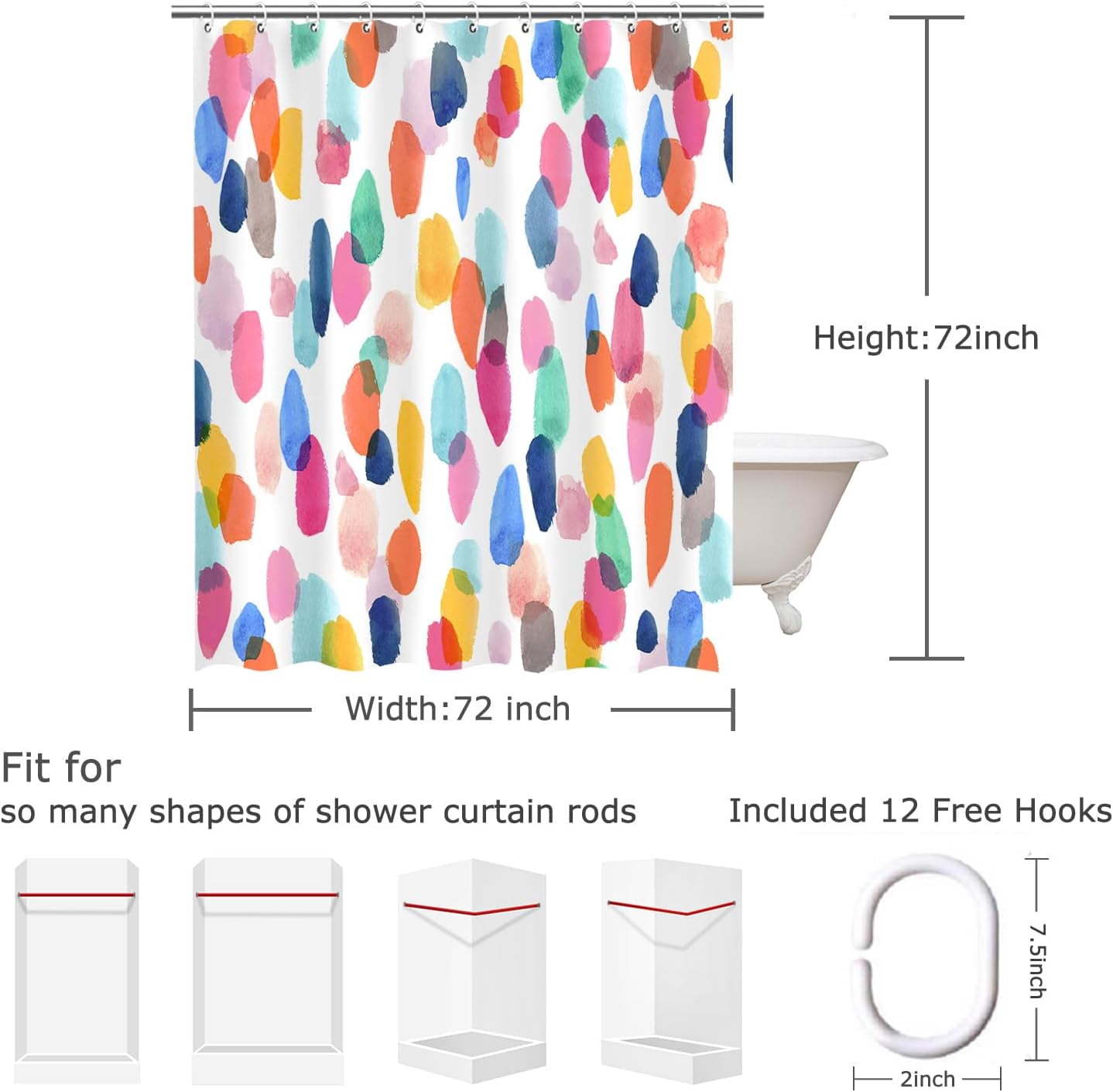 Watercolor Polka Dot Circles Shower Curtain, Kids Shower Curtain Set with 12 Hooks, Waterproof Washable Decor Bathroom Shower Curtain, 72 x 72 inches