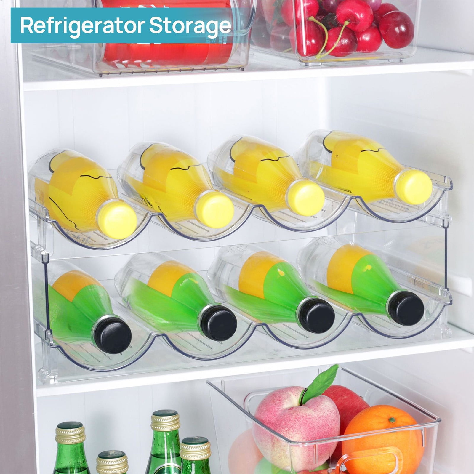 COM1950s 4-Tier Stackable Water Bottle Organizer, Clear Plastic Storage Rack for Wine and Beverage Bottles, Space Saving Kitchen Counter or Fridge Shelf