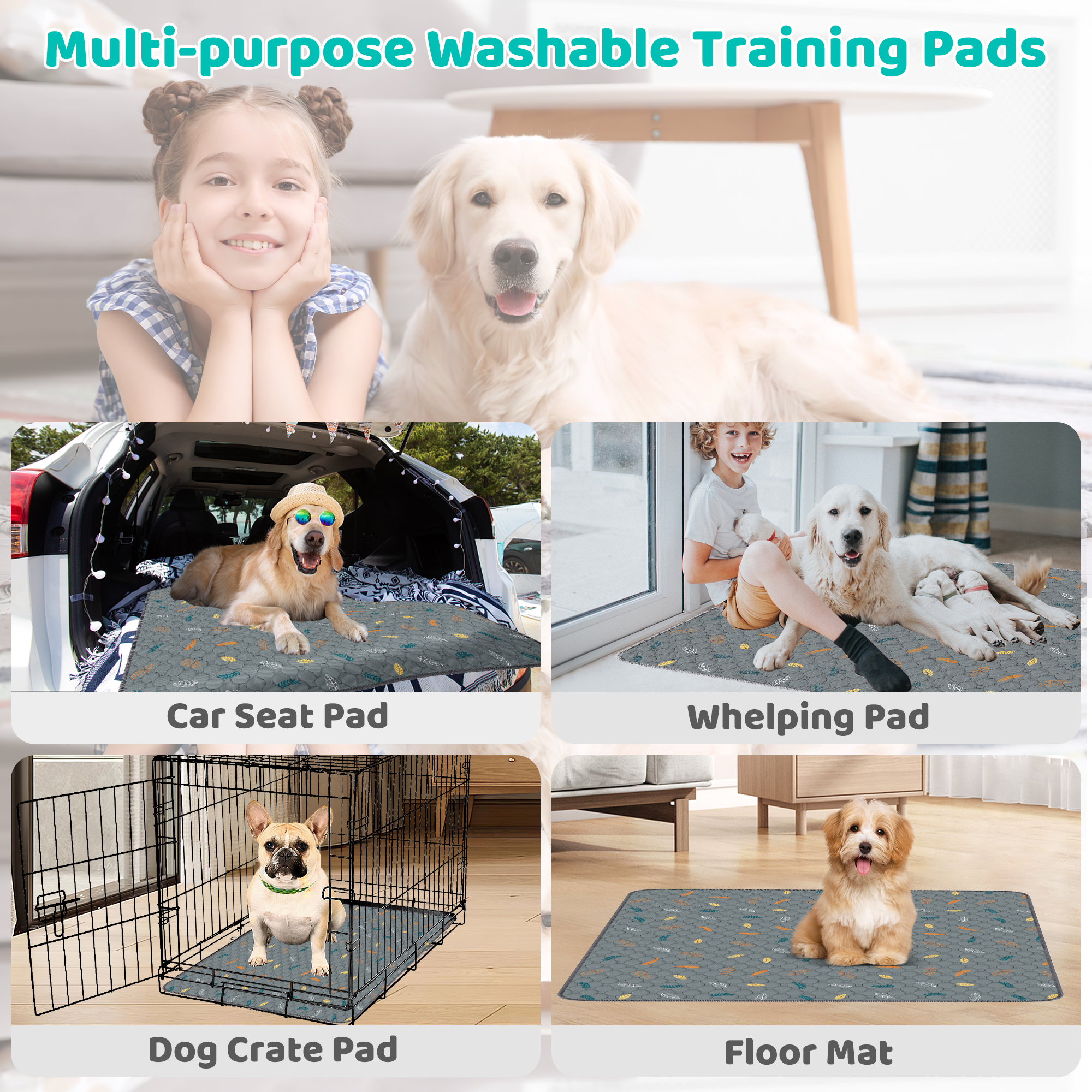 Washable Pee Pads for Dogs, 1 PACK 72" x 72" Reusable Puppy Pads Non-Slip Pet Leaf Pattern Training Pads, Super Absorbent Whelping Pads for Playpen, Potty, Crate, Bed (with 60''L Dog Leash)