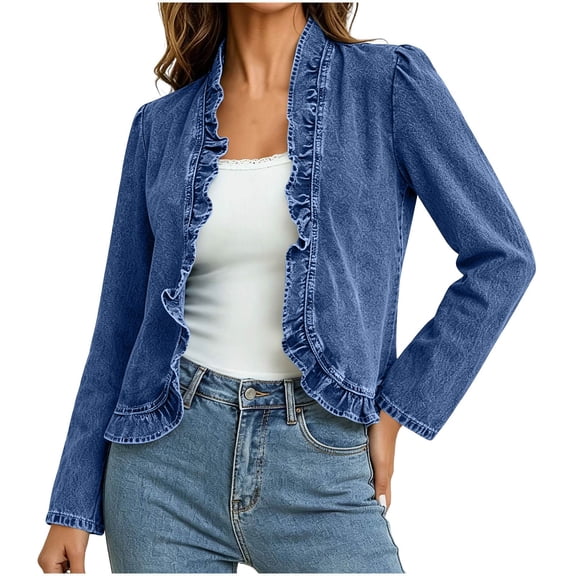 Ozmmyan Womens Denim Open Front Ruffle Trim Long Sleeve Cropped Jacket Cardigan