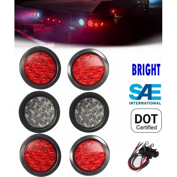 Set of 6 Round LED Light 4 Red & 2 White 4" Brake Stop Turn Tail Back up Reverse for Truck Trailer Jeep Tractor Universal Fit SAE DOT Approved