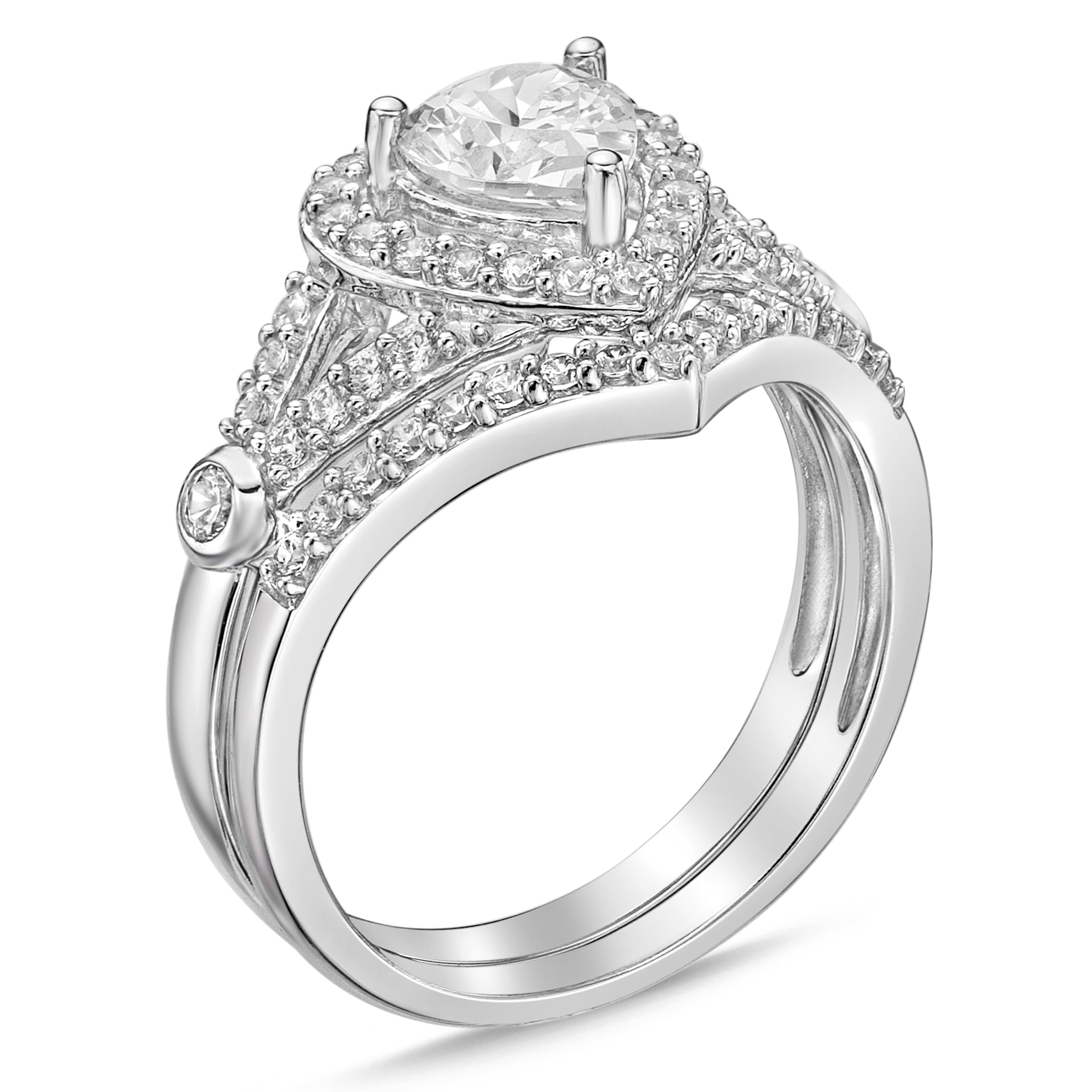 Sterling Silver Heart shape with Halo Simulated Diamond Bridal Set Rings