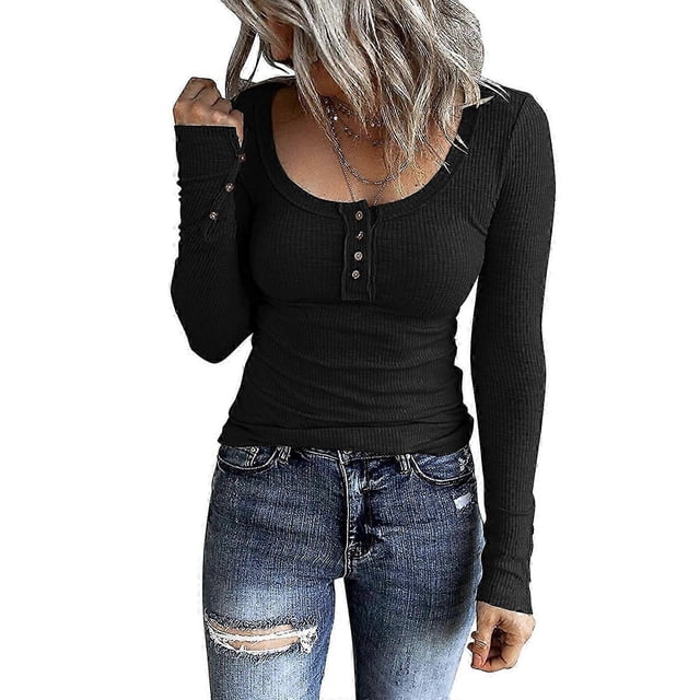 Womens Casual T-shirt Fashion Button V-Neck Tee Top Long Sleeves Shirts Top Summer Autumn T-shirt Slim-Fit Tee Shirts blue gray XXL