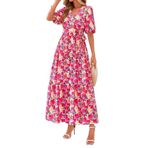 Vestido PRETTYGARDEN Maxi Floral Rosa y Amarillo Cuello en V XXL