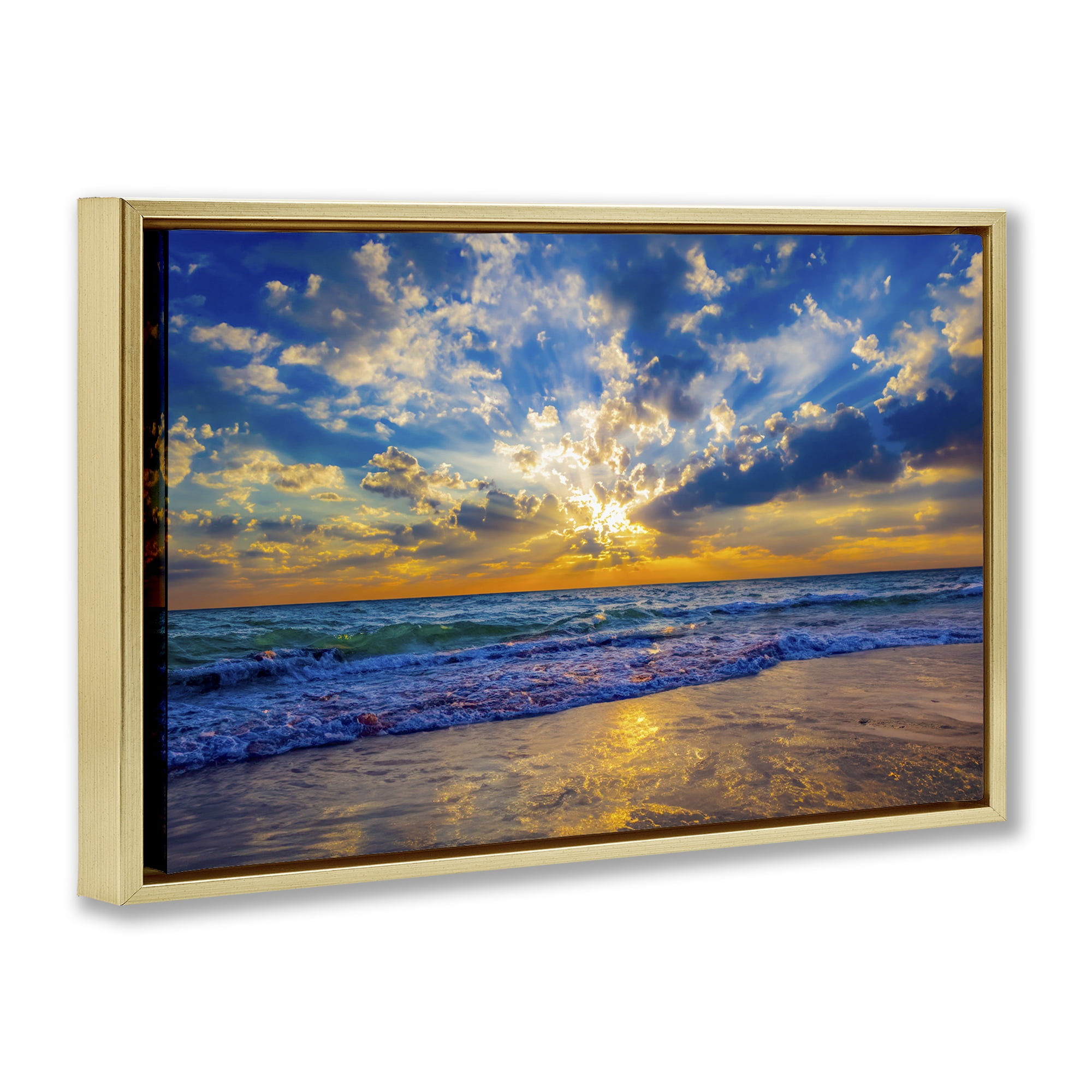 Stupell Industries Golden Blue Sun Ray On Beach Gold Framed Floater Canvas Wall Art, design by Eszra Tanner