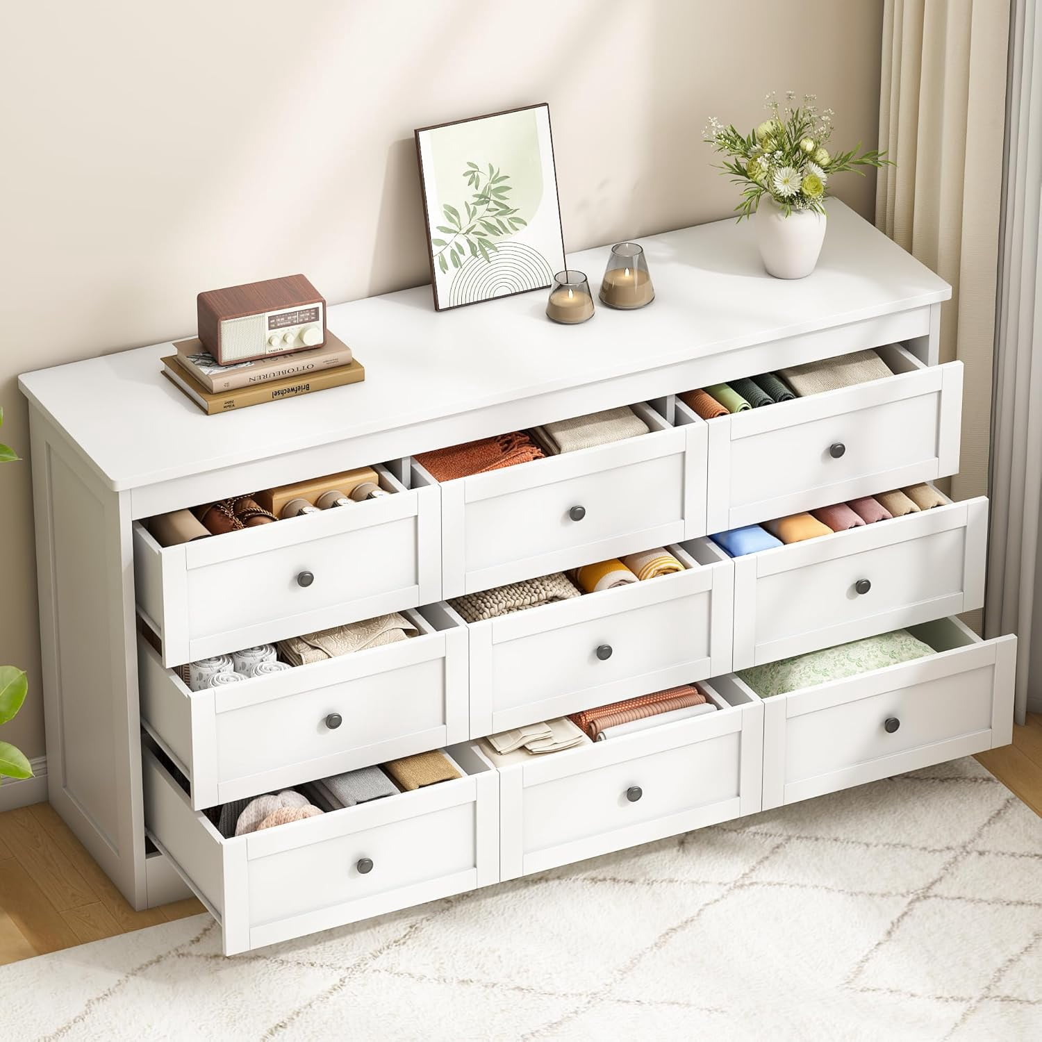 Akaber 9 Drawer Dresser for Bedroom, White Modern 59''W Wood Dresser with Anti-Tip Kit, Storage Organizer