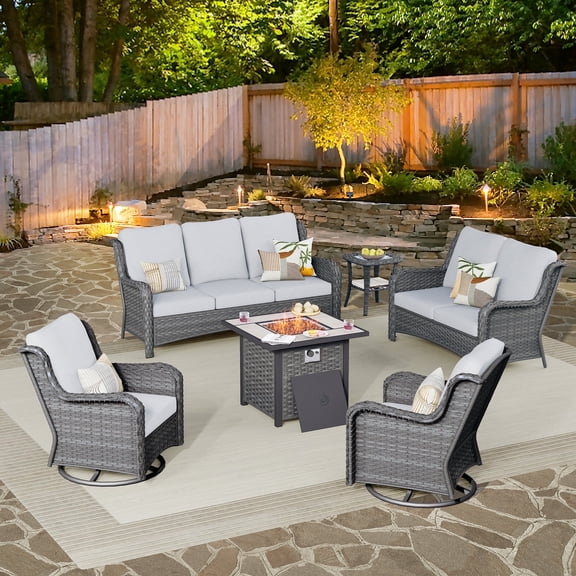 Vcatnet 6 Pieces Outdoor Patio Furniture Sectional Sofa All Weather Wicker Conversation Set with Swivel Rocking Chairs and Fire Pit for Garden, Poolside, Gray