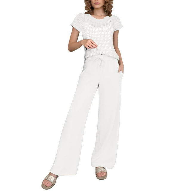 Conjunto de 2 piezas para mujer: top de punto calado de ganchillo y pantalones anchos, diseño con aberturas, para todas las estaciones - Tallas S/XXL