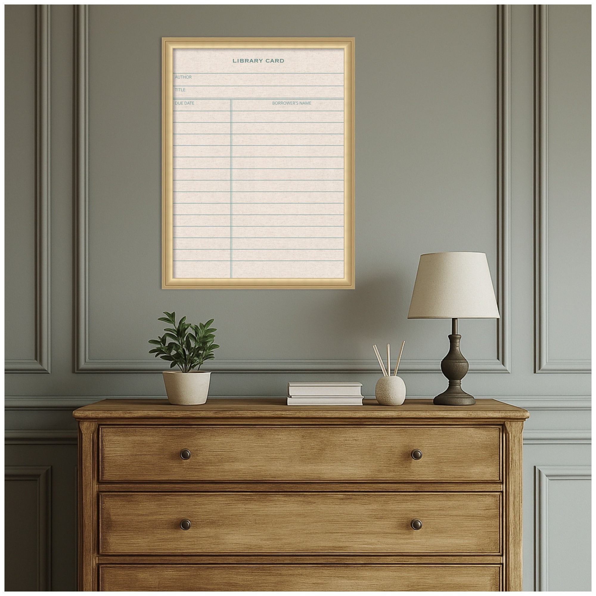 Kate and Laurel Framed Fabric Pinboard 20 x 26, Linen Library Card Printed Linen Classic Bulletin Board for Use as a Vision Board or Wall Organization, Florence Gold Frame