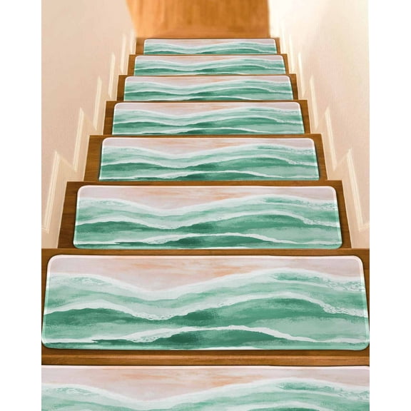 Green Coastal Beach Stair Treads for Wooden Steps Indoor Runner Rug Carpet, Modern Oil Painting Nautical 15 Pieces Peel and Stick Staircase Step Treads Covers Washable Throw Door Mats, 30"x8"