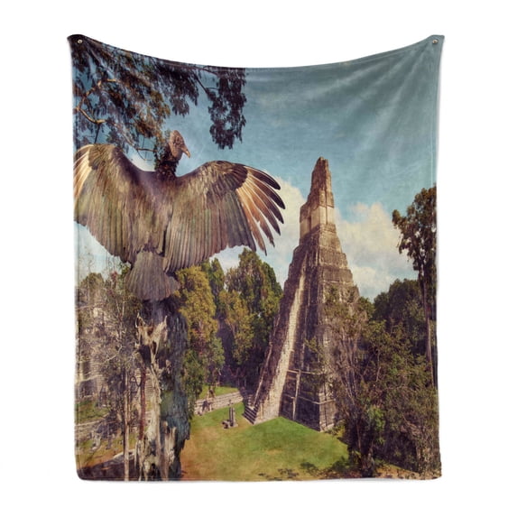 Central America Soft Flannel Fleece Throw Blanket, Neophron Looking at the Ruins of the Mayan City of Tikal Guatemala, Cozy Plush for Indoor and Outdoor Use, 60" x 80", Multicolor, by Ambesonne