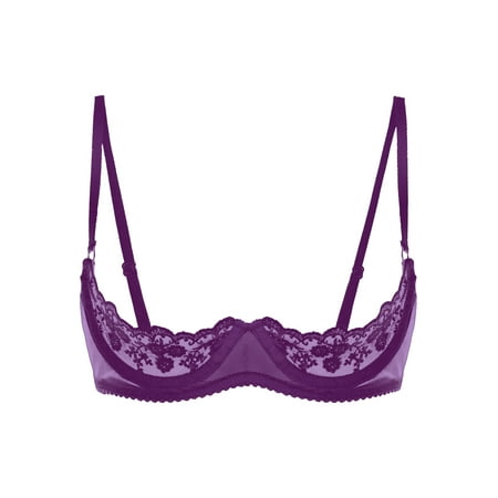 Zaldita Women See Through Lace 1/4 Cups Balconette Bralette Padded Underwire Shelf Bra Tops Purple-A S