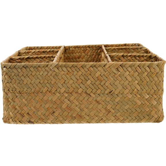 HEMOTON Divided Woven Storage Box Daily Sundries Storage Case Kitchen Woven Box Home Woven Organizer