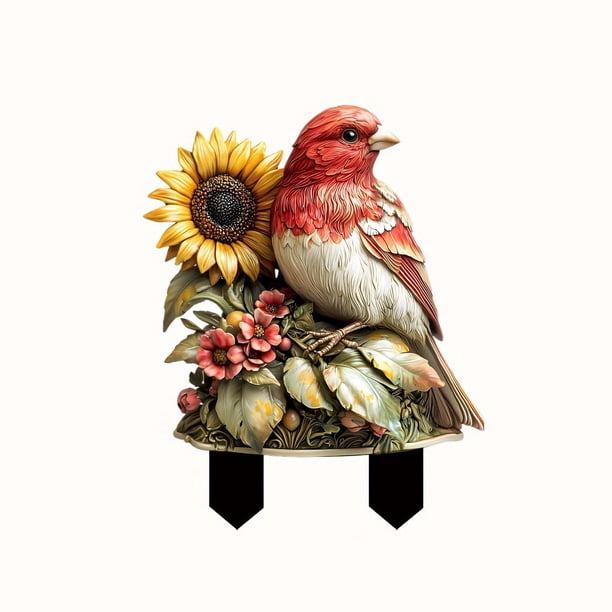 Escultura acrílica para jardín exterior con pájaro rojo y girasol, accesorios decorativos insertados para patio y jardín | Weather Craft