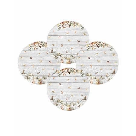 Fall Round Placemats Set of 4 White Pumpkins Place Mats Thanksgiving Woven Placemat Floral Autumn Maple Leaves Wood Circle Braided Table Mat for Kitchen Dining Table Autumn Party Home Decor 15 Inch