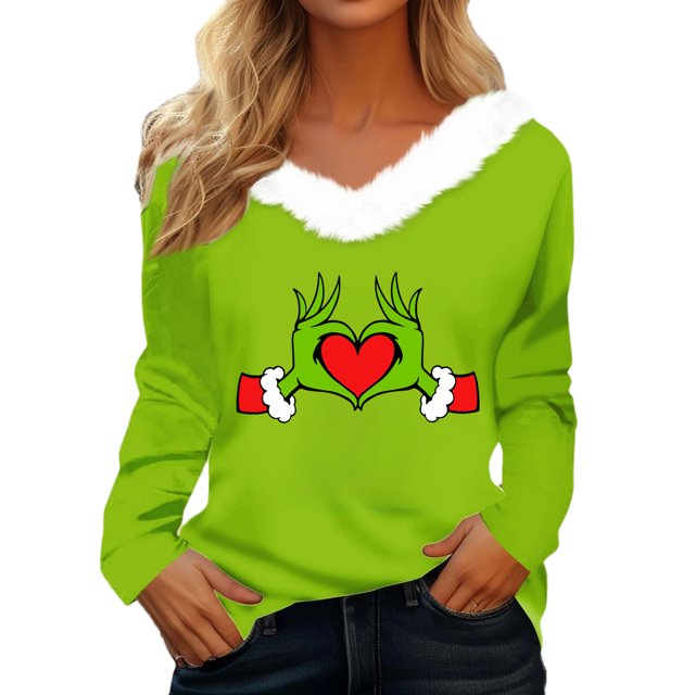 Women's Christmas Long Sleeve V-Neck T-Shirt Floral Pattern Polyester Blend Junior Fall Polyester Blend Junior Fall Winter Tee FN24749