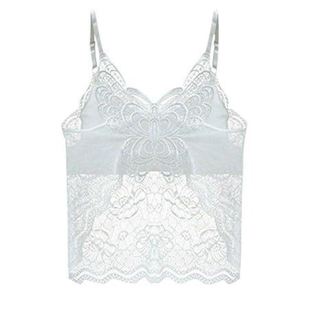 Yyeselk Women s Lace Bra Sexy V Neck Adjustable Spaghetti Straps Push up Bralette Padded Wireless Comfort Bra Cami Top White L