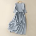 thumbnail image 1 of Puntoco Vestido Casual De Mujer De Color Sólido Suelto De Algodón Y Lino Plisado Con Cordones Plisado De Manga Corta Con Cuello Redondo Azul Claro Xl,Regalos Para Mujer Joven, 1 of 8