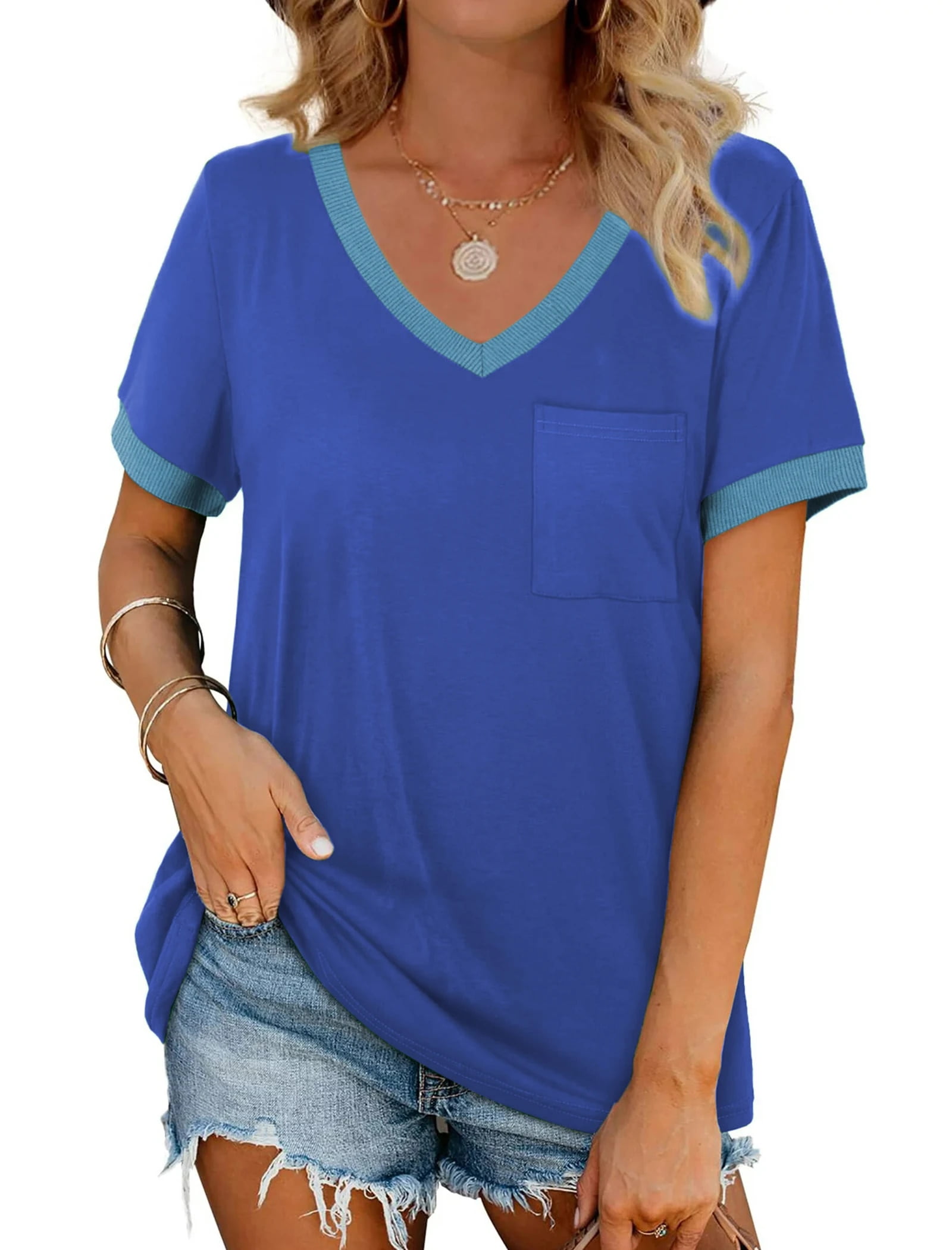 MOSHU V-Neck Women T Shirts Short Sleeve Loose Summer Tops for Women with Pocket