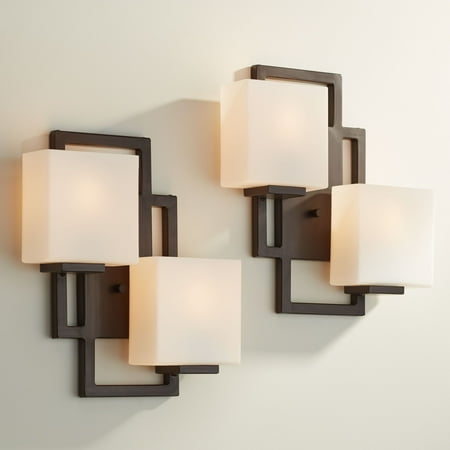 

Possini Euro Design Lighting on the Square Modern Wall Light Sconces Set of 2 Bronze Hardwire 13 1/4 2-Light Fixture Opal Glass Shade for Bedroom