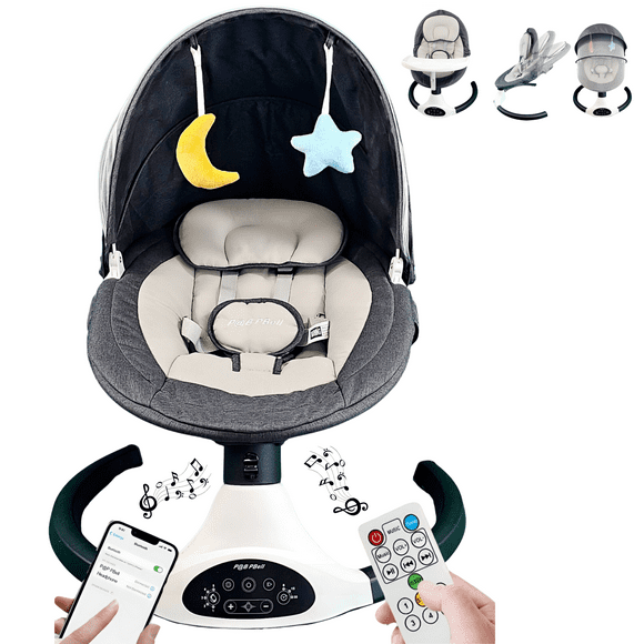 Balançoire Électrique pour Bébé, Nourrisson et Tout-Petit, Balançoire Portable pour Nouveau-Né Garçon/fille, Balançoire Sauteur pour Bébé, Haut-Parleur de Musique Bluetooth à Télécommande 5 Vitesses, Chaise pour Bébé avec Ceinture de Sécurité et 2 Jouets (Noir)