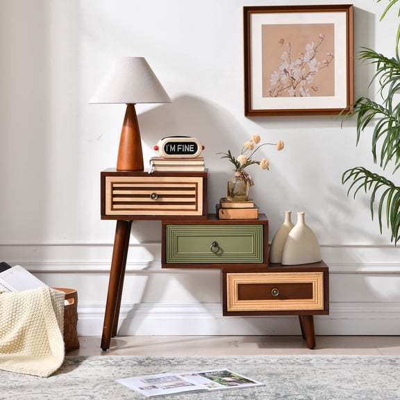 Ahokua 30.5" Mid-Century Accent Chest with 3 Staggered Drawers and Color-Block Drawer Fronts