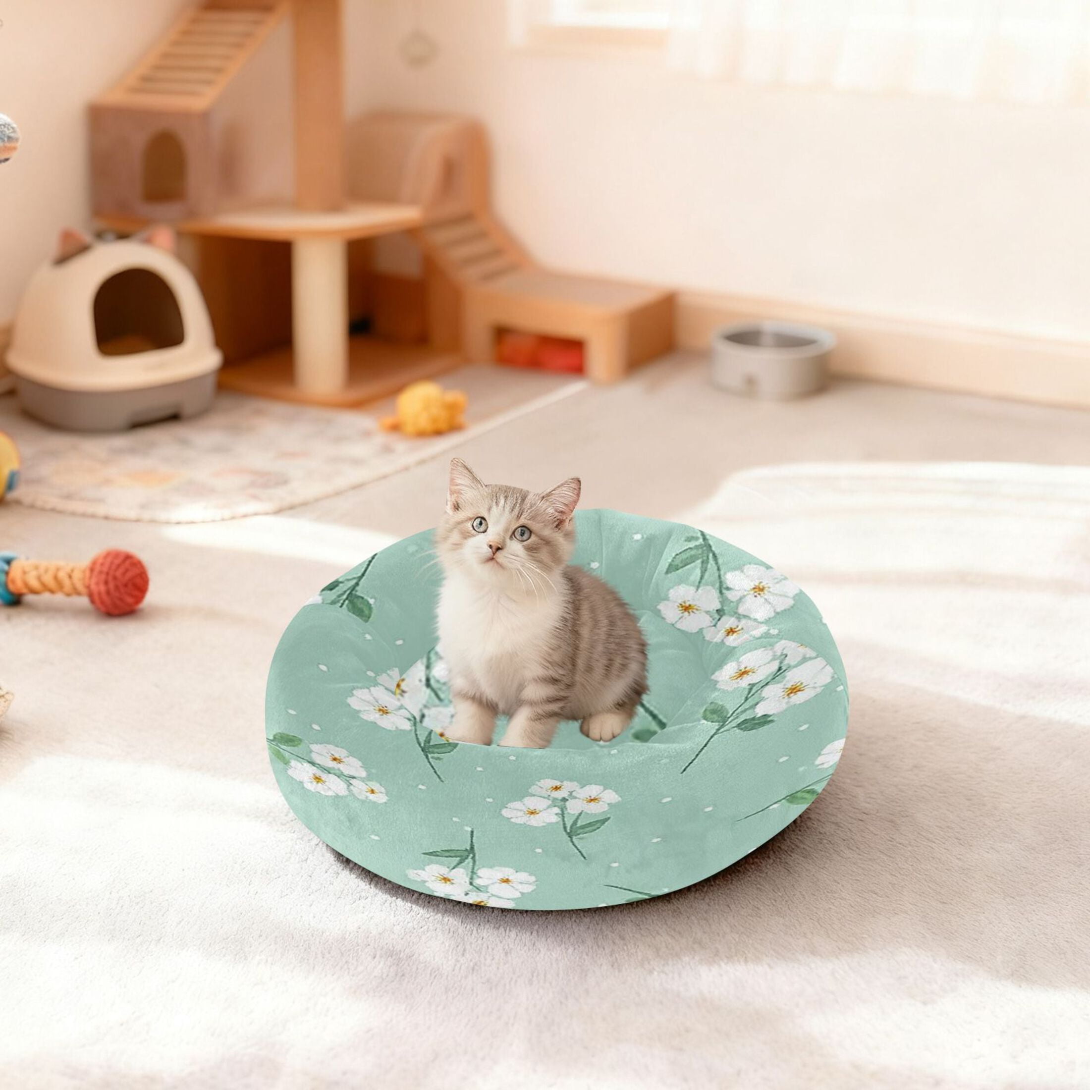 Iauyy Pet Couch Donut Cat Bed for Indoor Cats/Small Dogs Washable & Machine with Non-slip Bottom Calming Cat Furniture, Small White Flowers (M)