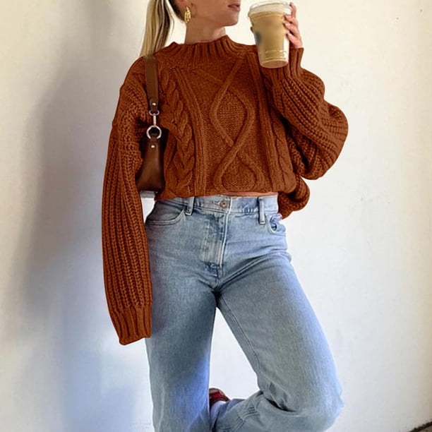 Suéter Suéter básico para mujer, suéter de gran tamaño con cuello redondo y hombros caídos, traje diario grueso Kuymtek Café T M para Mujer