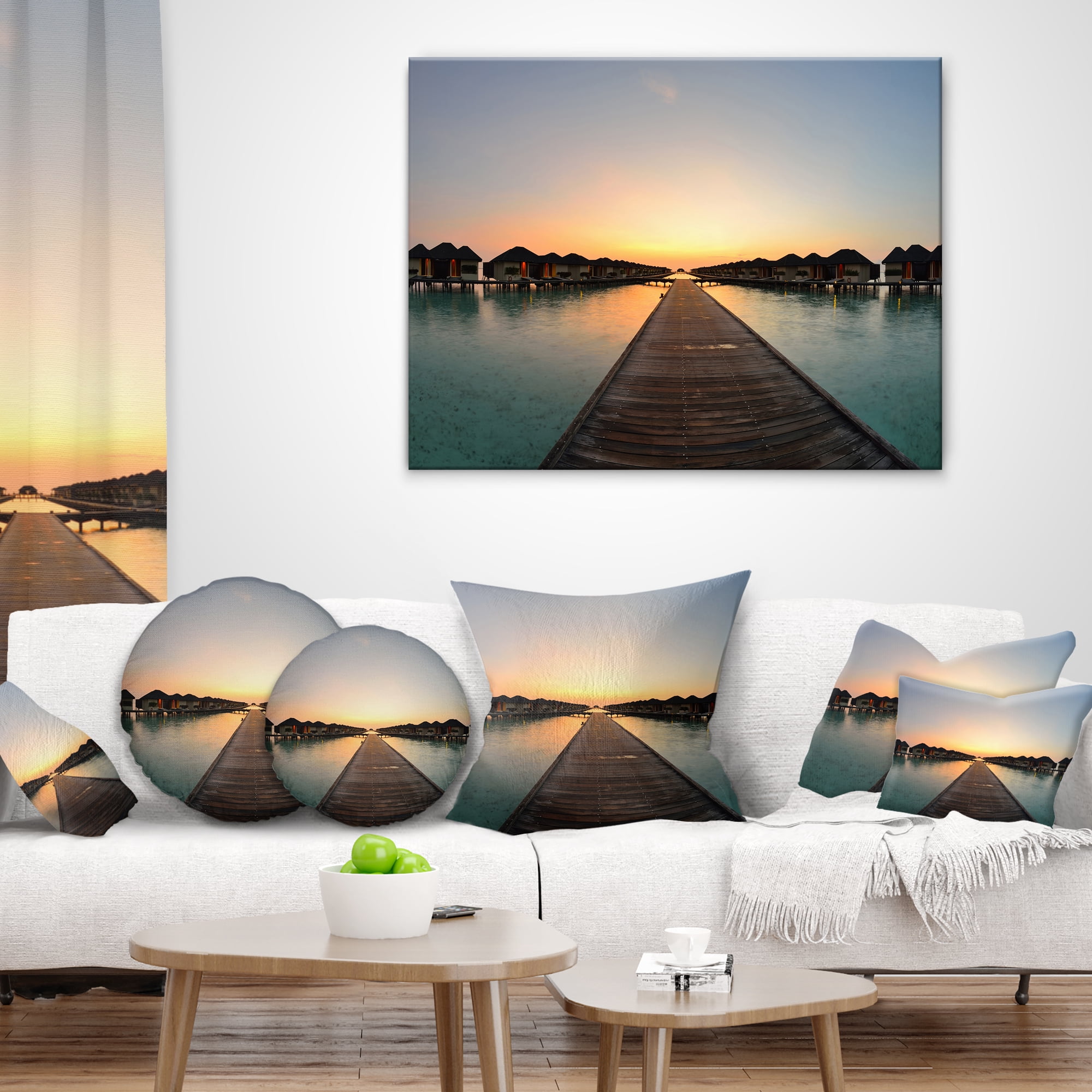 Designart Long Wooden Pier into the Ocean - Wooden Sea Bridge Throw Pillow - 16x16