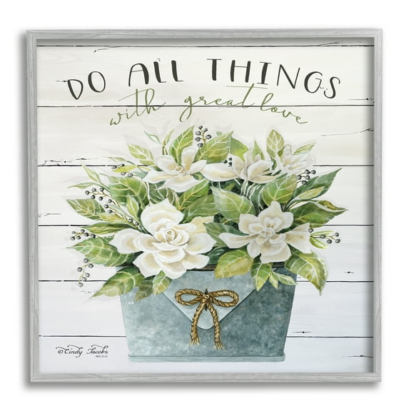 Stupell Industries Do All Things With Great Love Floral Magnolia Pail Planked Look Graphic Art Gray Framed Art Print Wall Art, 24x24, by Cindy Jacobs