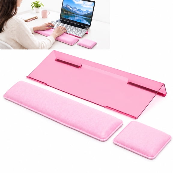 3-Piece Desktop Keyboard Accessory Set, Pink Leather Wrist Rest, Acrylic Stand & Memory Foam Mouse Cushion for Home & Office