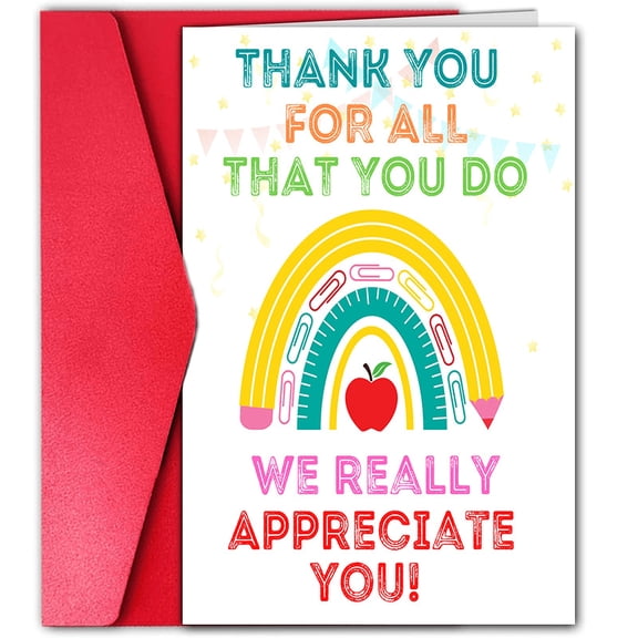 Thank You Teacher Card – “Thank You for All That You Do” Rainbow Design – Colorful Appreciation Greeting Card with Envelope – Perfect for Teacher Appreciation Week, Gifts, or End of Year