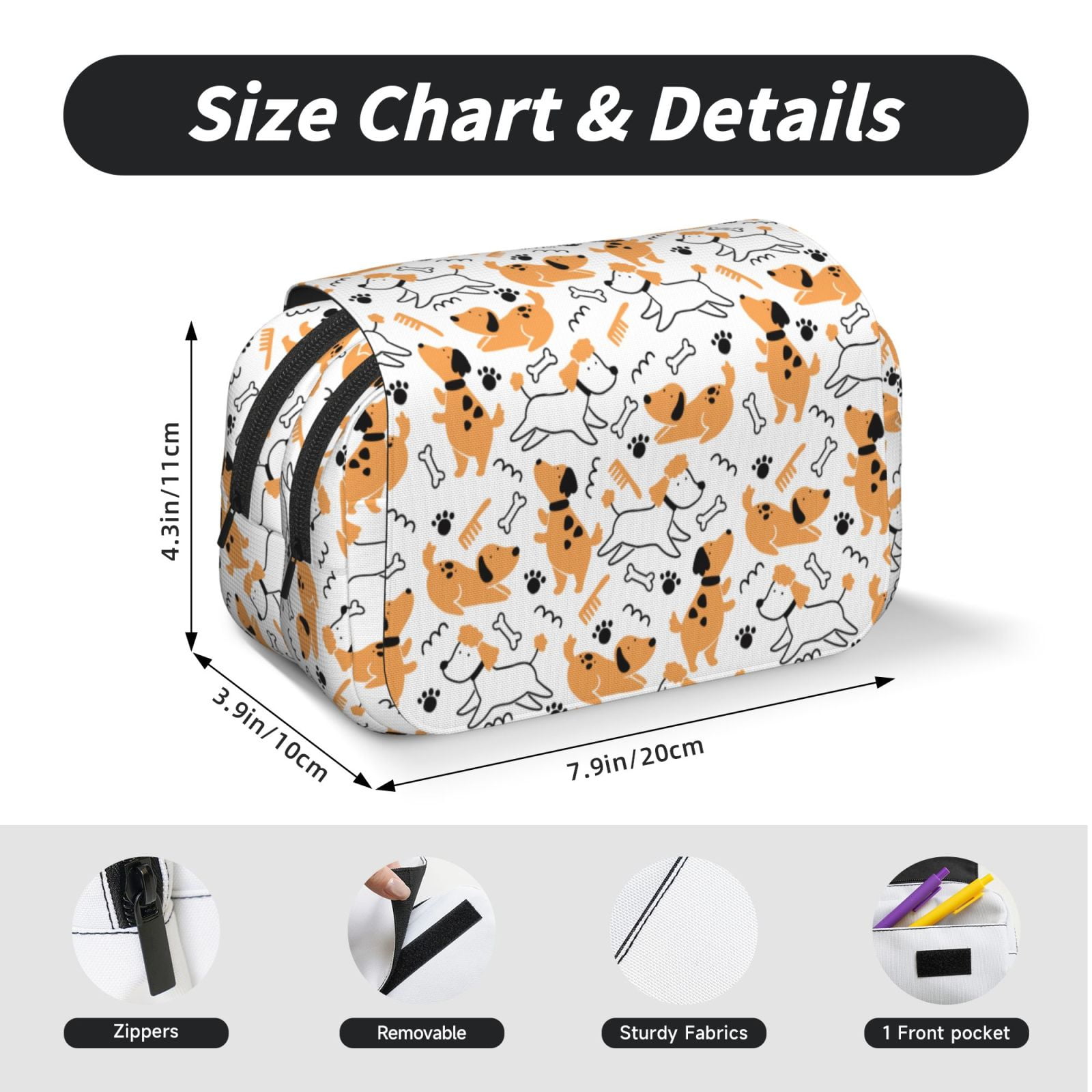 Rateoe Cute Dog Pattern Double Clamshell Pen Case, Storage Organizer with Two Zipper Compartments– Holds Up to 50 Pencils & Pens