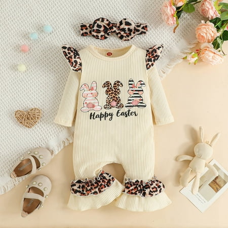 

NIUREDLTD Toddler Girls Easter Long Sleeve Cartoon Rabbit Prints Ribbed Romper Bell Bottoms Jumpsuit Headbands Set