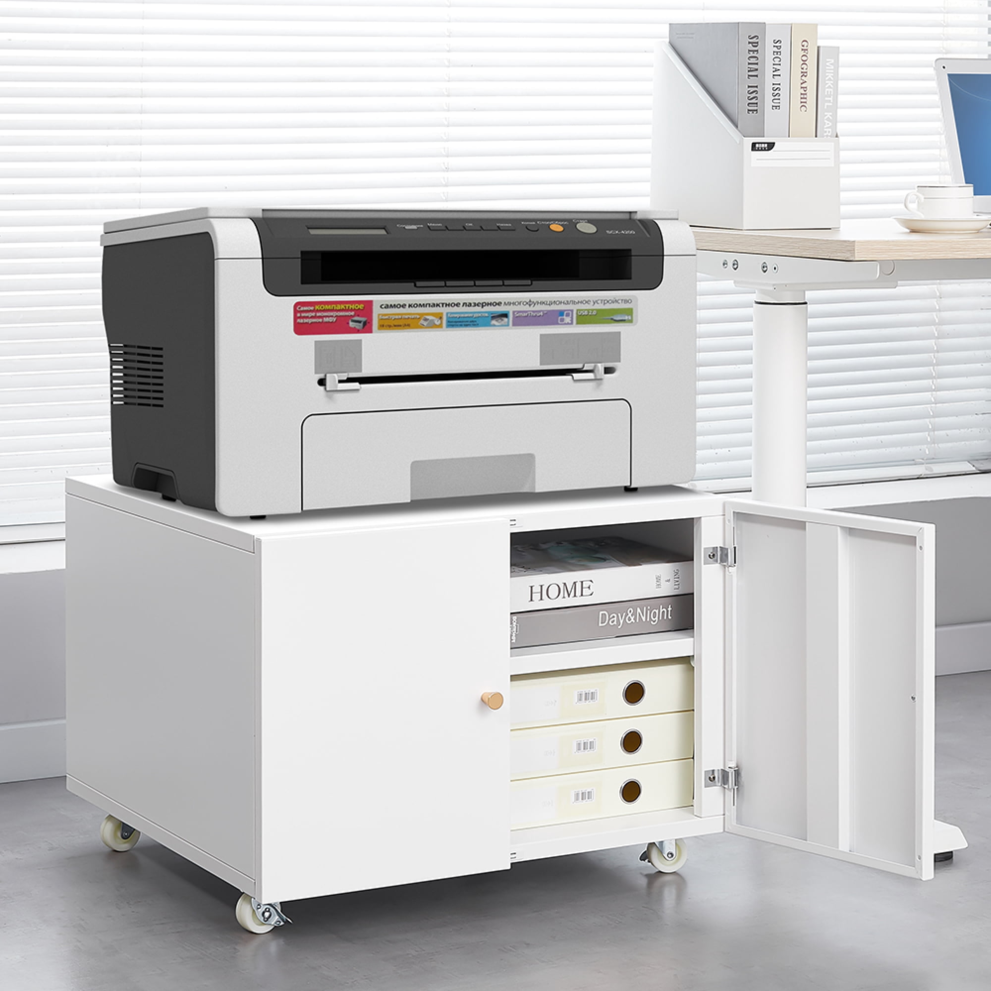 Metal File Cabinet with 2 Door,23.62" W Mobile Printer Tables Printer Stand with Adjustable Shelf for Home Office,White