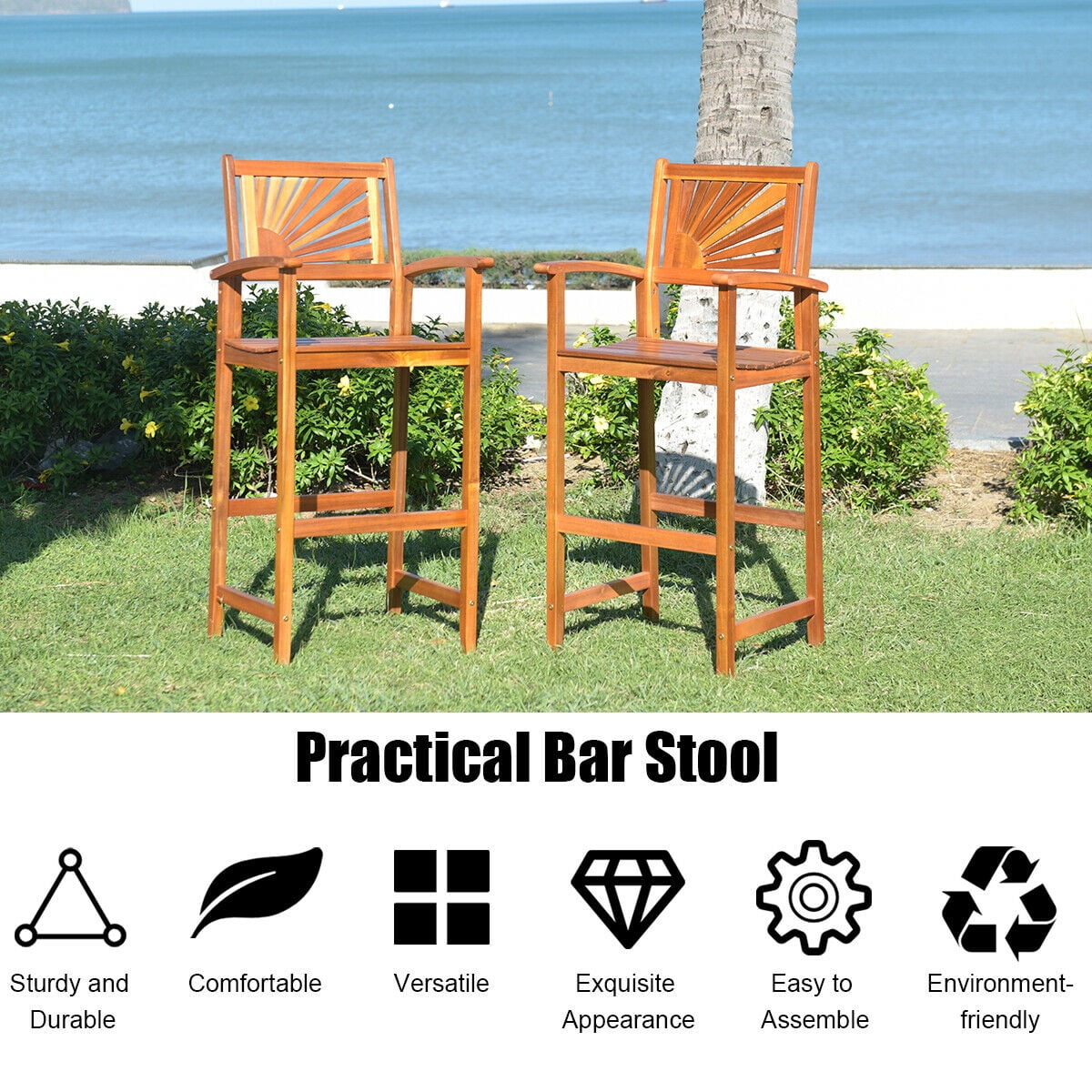 Gymax Set of 2 29.5" Bar Chair Acacia Wood Barstools w/ Sector Backrest & Slatted Seat